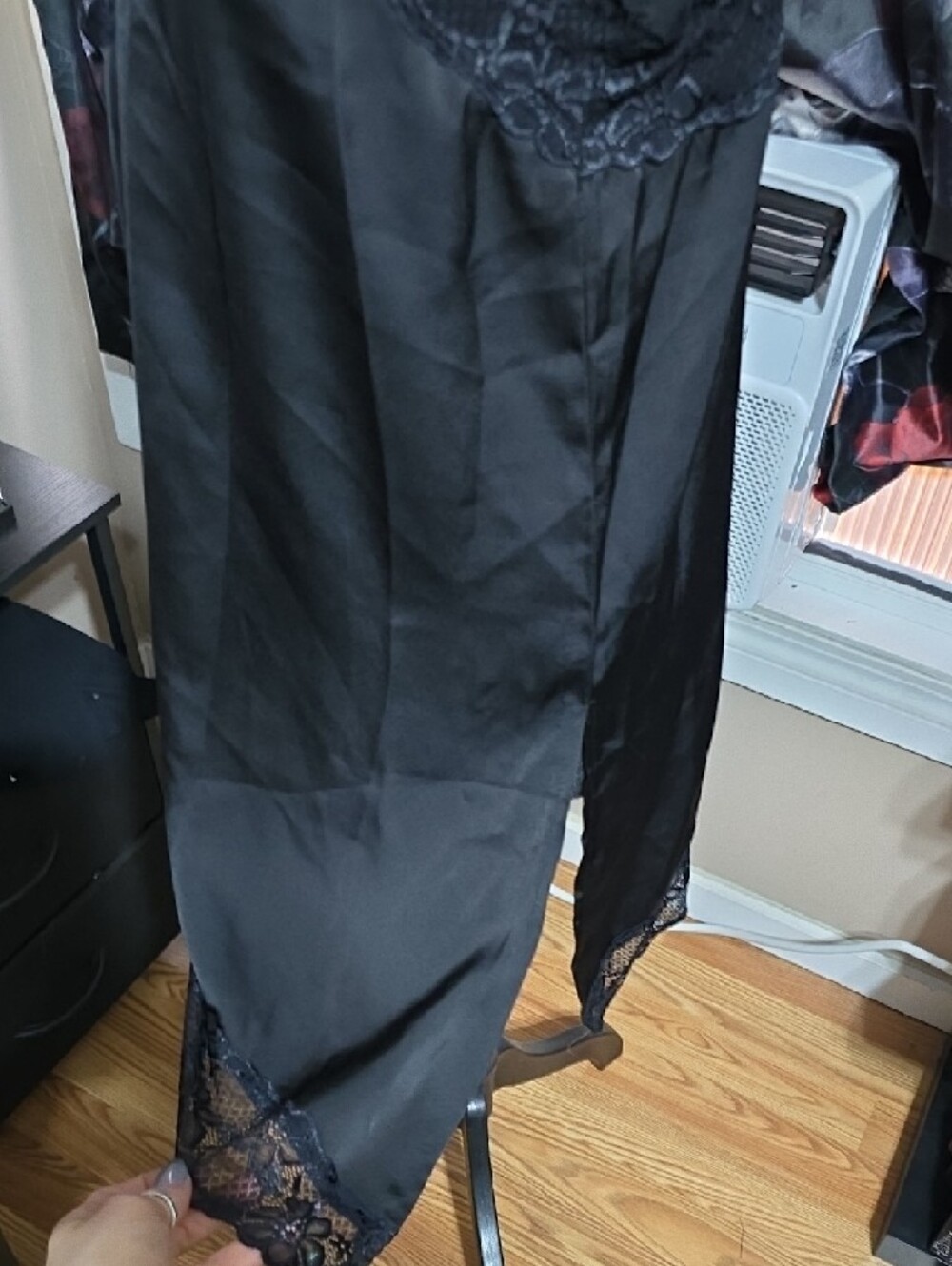 Black Asymetrical Long Lace Trim Satin Camisol - Picture 2 of 9